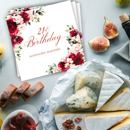 Serviette En Papier Rouge rose Floral 21e anniversaire Cocktail person