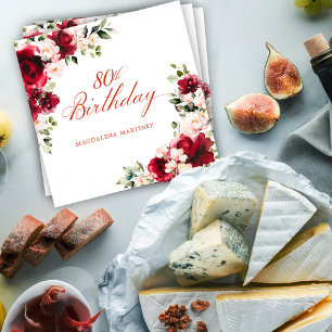 Serviette En Papier Rouge rose Floral 80e anniversaire Cocktail person