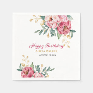 Serviette En Papier Rouge rose Peony Gold Leaf Verdure Anniversaire Br