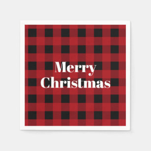 Serviette En Papier Rouge rustique et plaid écossais noir de Noël