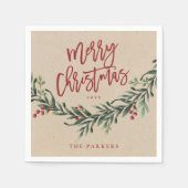 Serviette En Papier Rouge rustique Script Joyeux Noël vert (Devant)