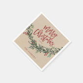 Serviette En Papier Rouge rustique Script Joyeux Noël vert (Coin)