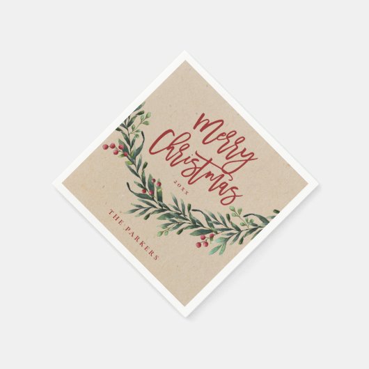 Serviette En Papier Rouge rustique Script Joyeux Noël vert (Coin)