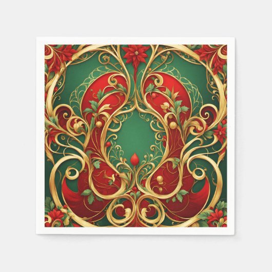 Serviette En Papier Rouge Vert Floral Noël Vacances Napkin (Devant)