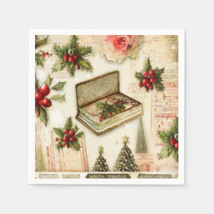 Serviette En Papier Rouge Vert Noël Fêtes Rétro Vintage
