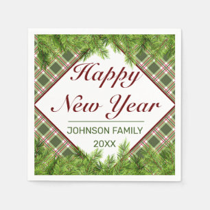 Serviette En Papier Rouge vert Plaid & Pine Branch Bonne année