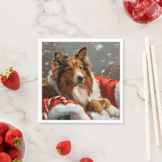 Serviette En Papier Rough Collie Chien Festif de Noël (En situation)