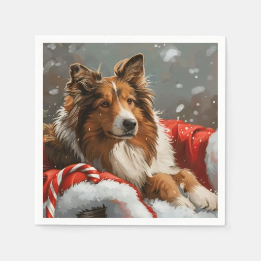 Serviette En Papier Rough Collie Chien Festif de Noël (Devant)