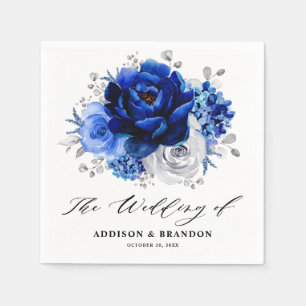 Serviette En Papier Royal Bleu Blanc Argent Métallo Mariage Floral
