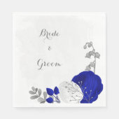 Serviette En Papier royal bleu & blanc fleurs argent mariage (Devant)