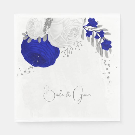 Serviette En Papier royal bleu & blanc fleurs argent mariage (Devant)
