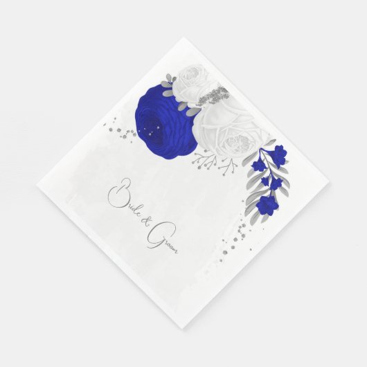 Serviette En Papier royal bleu & blanc fleurs argent mariage (Coin)