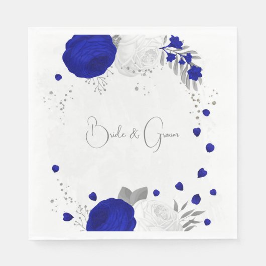 Serviette En Papier royal bleu & blanc fleurs argent mariage (Devant)