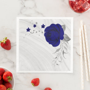 Serviette En Papier royal bleu fleurs argent feuille marbre papier din
