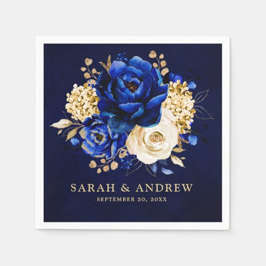Serviette En Papier Royal Bleu Jaune or métal Mariage floral Nap (Devant)