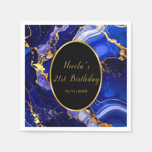 Serviette En Papier Royal Blue and Gold Marble Agate Birthday Party (Devant)