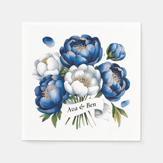Serviette En Papier Royal Blue and Silver Glittery Peony Mariage (Devant)