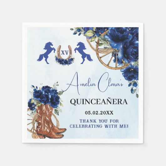 Serviette En Papier Royal Blue Floral Wild West Charro Quinceañera XV (Devant)