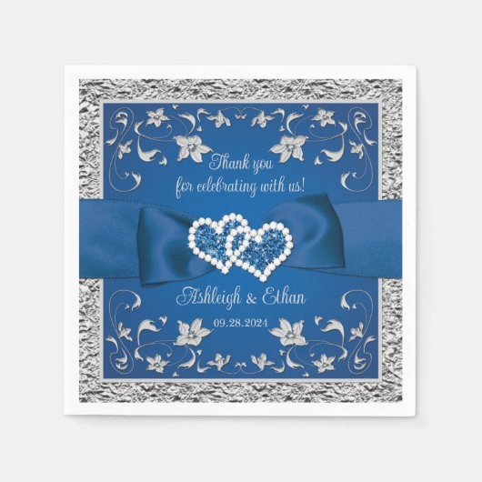 Serviette En Papier Royal Blue, Grey Love Hearts Mariage (Devant)