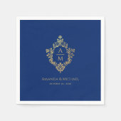 Serviette En Papier Royal Blue Monogram Crest Faux Gold Mariage (Devant)