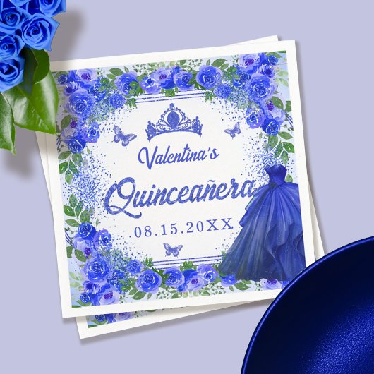 Serviette En Papier Royal Blue Parties scintillant Floral Quinceanera 