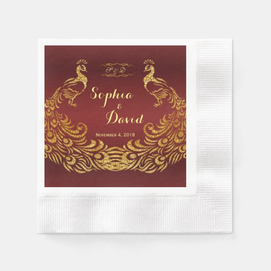 Serviette En Papier Royal Burgundy Gold Peacock Mariage personnalisé (Devant)