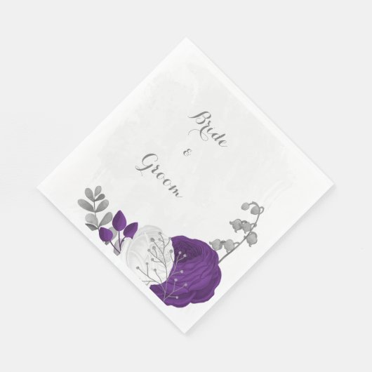 Serviette En Papier royal violet et fleurs blanches argent (Coin)
