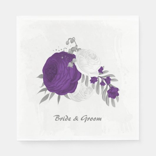 Serviette En Papier royal violet et fleurs blanches argent (Devant)