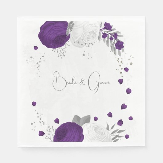 Serviette En Papier royal violet & fleurs blanches argent mariage (Devant)