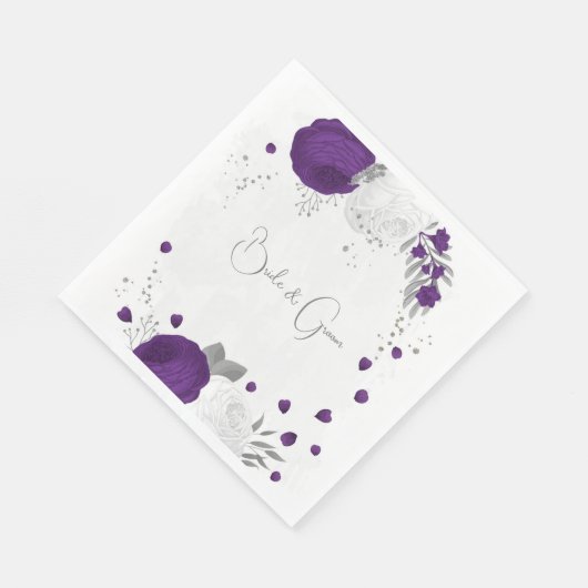 Serviette En Papier royal violet & fleurs blanches argent mariage (Coin)