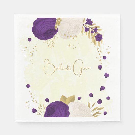 Serviette En Papier royal violet & fleurs blanches or mariage (Devant)