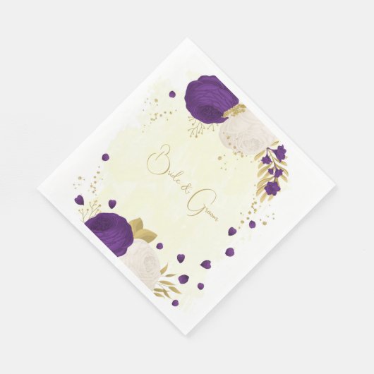 Serviette En Papier royal violet & fleurs blanches or mariage (Coin)