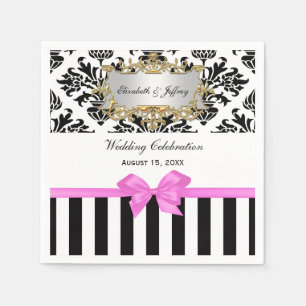Serviette En Papier Ruban damassé rayé noir et blanc, Bubble Gum rose