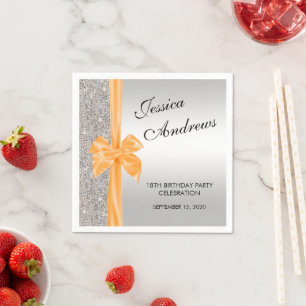 Serviette En Papier Ruban de soie orange et sequins argentés pour 18èm