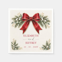 Serviette En Papier Ruban Rouge Floral Botanique Noël Hiver Mariage