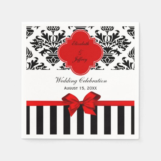 Serviette En Papier Ruban rouge noir blanc en bande Damask (Devant)