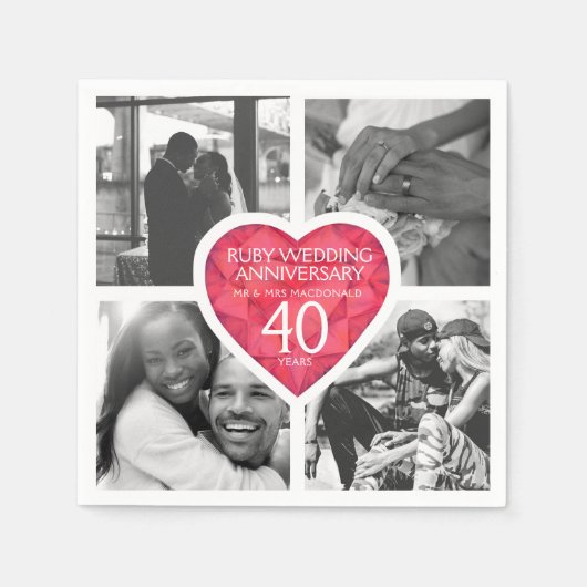 Serviette En Papier Ruby 40e anniversaire de mariage coeur quatre phot (Devant)