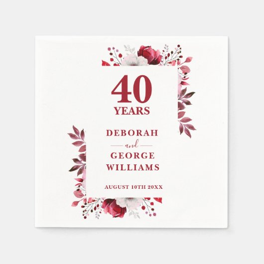 Serviette En Papier Ruby Elegant Floral 40e anniversaire Mariage (Devant)