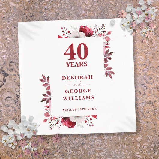 Serviette En Papier Ruby Elegant Floral 40e anniversaire Mariage