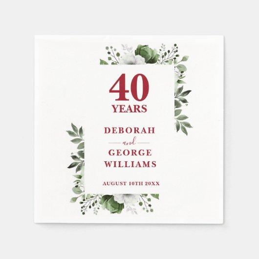 Serviette En Papier Ruby Greenery Floral 40e anniversaire Mariage (Devant)