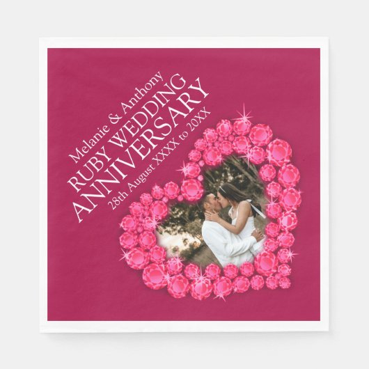 Serviette En Papier Ruby Mariage 40 ans coeur photo et nom serviettes (Devant)