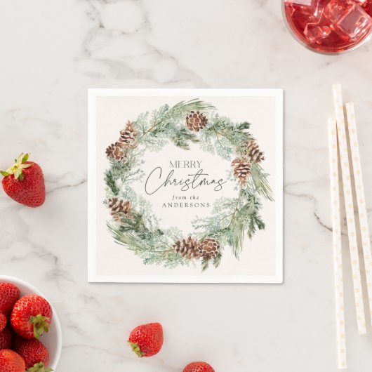 Serviette En Papier Russe Aquarelle Pine Cône Wreath Joyeux Noël (En situation)