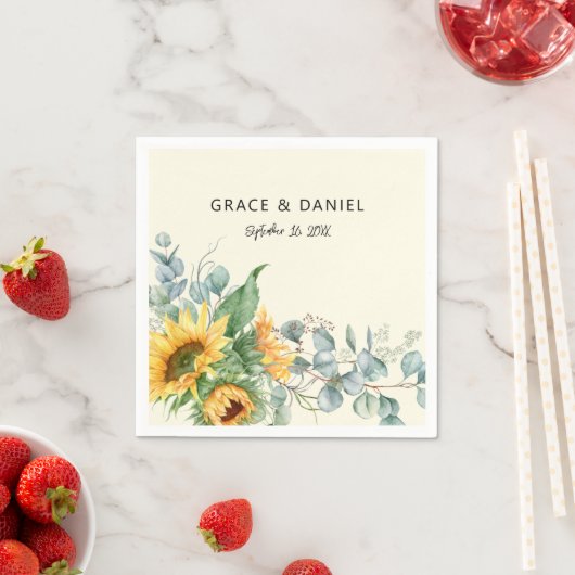 Serviette En Papier Russe Aquarelle Tournesol Mariage Eucalyptus (En situation)
