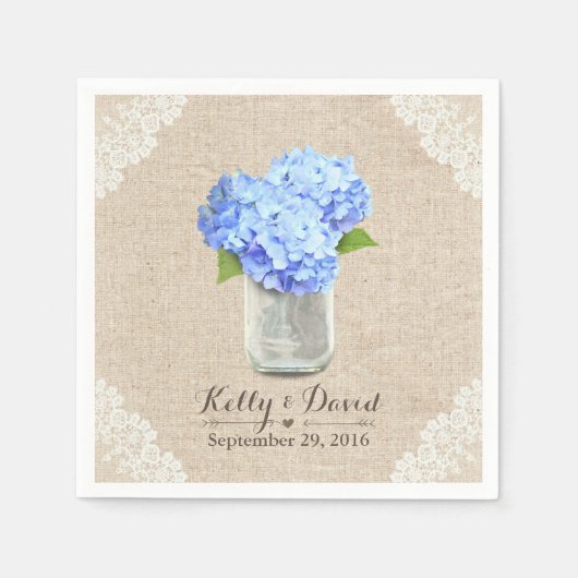 Serviette En Papier Russe Burlap Mason Jar Blue Hydrangea Mariage (Devant)