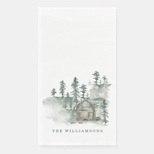 Serviette En Papier Russe Cabine Aquarelle Forêt Vert Nom de famille (Devant)