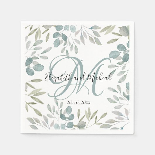 Serviette En Papier Russe Eucalyptus Sage Vert Mariage d'aquarelle (Devant)