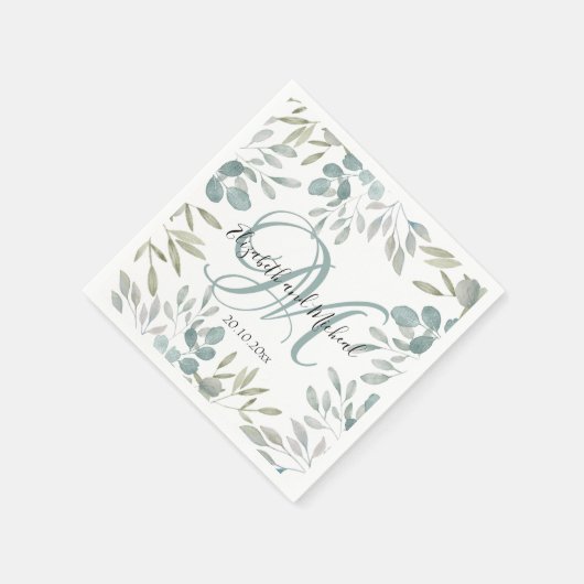Serviette En Papier Russe Eucalyptus Sage Vert Mariage d'aquarelle (Coin)