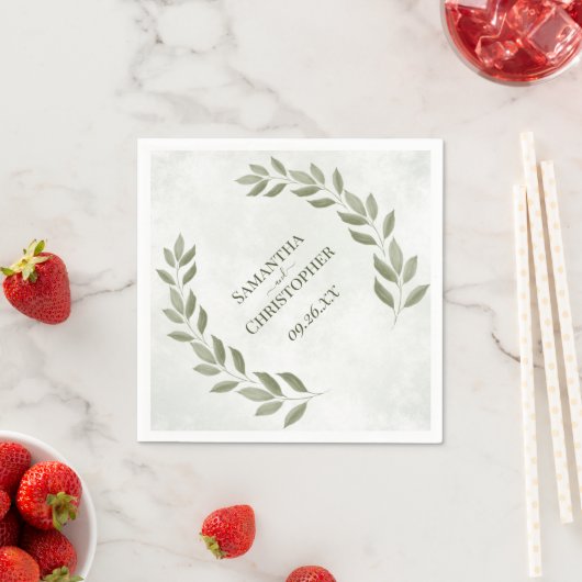 Serviette En Papier Russe Sage Green Feuilles Mariage diagonal (En situation)