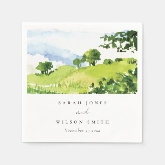 Serviette En Papier Russe Vert Aquarelle Campagne Hills Mariage (Devant)