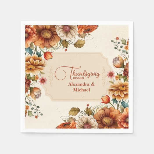 Serviette En Papier Rust Terracotta Fleurs Thanksgiving Dîner (Devant)